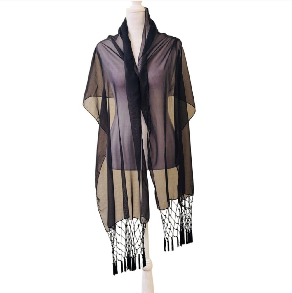 Sheer Black Fringe Kimono Wrap